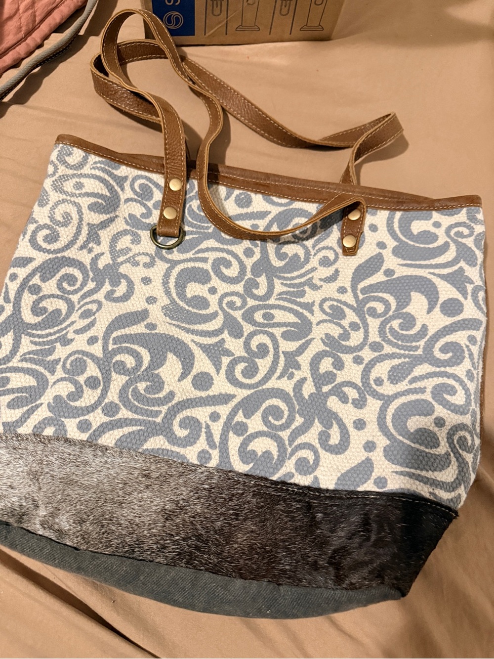 Myra Bag Blue & Cream Scroll-Pattern Tote with Brown Trim